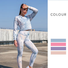 Yoga Set, Yoga Legging, Printed Workout 3 Piece Set Hooded Shirt Top, Vest and Legging, Tie-dye Fitness in Blue