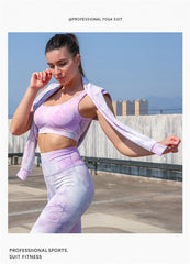 Yoga Set, Yoga Legging, Printed Workout 3 Piece Set Hooded Shirt Top, Vest and Legging, Tie-dye Fitness in Purple