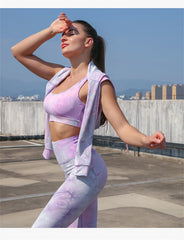 Yoga Set, Yoga Legging, Printed Workout 3 Piece Set Hooded Shirt Top, Vest and Legging, Tie-dye Fitness in Purple