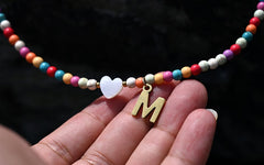 Boho Personalized Custom Necklace, Seed Bead Choker, Heart Gold Letter Name White