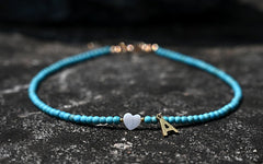 Boho Personalized Custom Necklace, Seed Bead Choker, Heart Gold Letter Name Blue