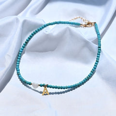 Boho Personalized Custom Necklace, Seed Bead Choker, Heart Gold Letter Name Blue