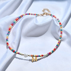 Boho Personalized Custom Necklace, Seed Bead Choker, Heart Gold Letter Name Blue