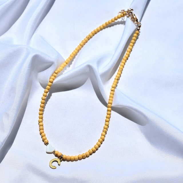 Boho Personalized Custom Necklace, Seed Bead Choker, Heart Gold Letter Name White