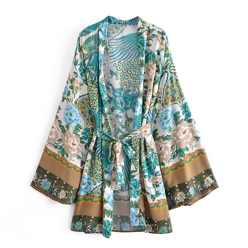 Boho Robe, Kimono Robe,  Beach Cover up, Short Robe, Flamingo in Green