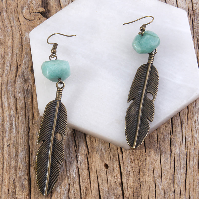Boho Earrings, RH Dangle Earrings, Feather Jade