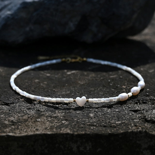 Boho Necklace, Seed Bead Choker, Pearl Heart