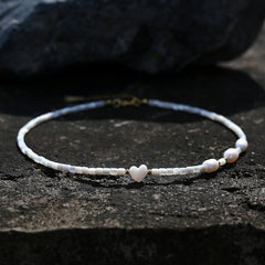 Boho Necklace, Seed Bead Choker, Pearl Heart