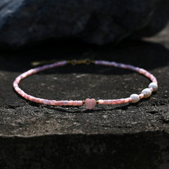 Boho Necklace, Seed Bead Choker, Pearl Heart