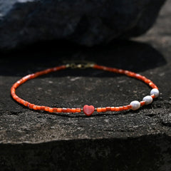 Boho Necklace, Seed Bead Choker, Pearl Heart