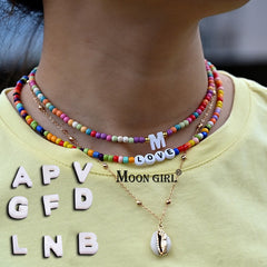 Boho Personalized Custom Necklace, Seed Bead 3 Layered Choker, Shell Letter Name