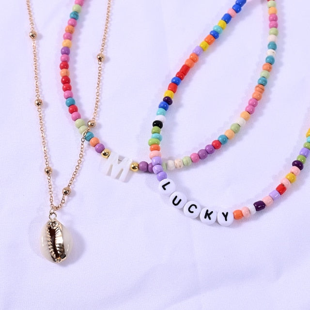 Boho Personalized Custom Necklace, Seed Bead 3 Layered Choker, Shell Letter Name