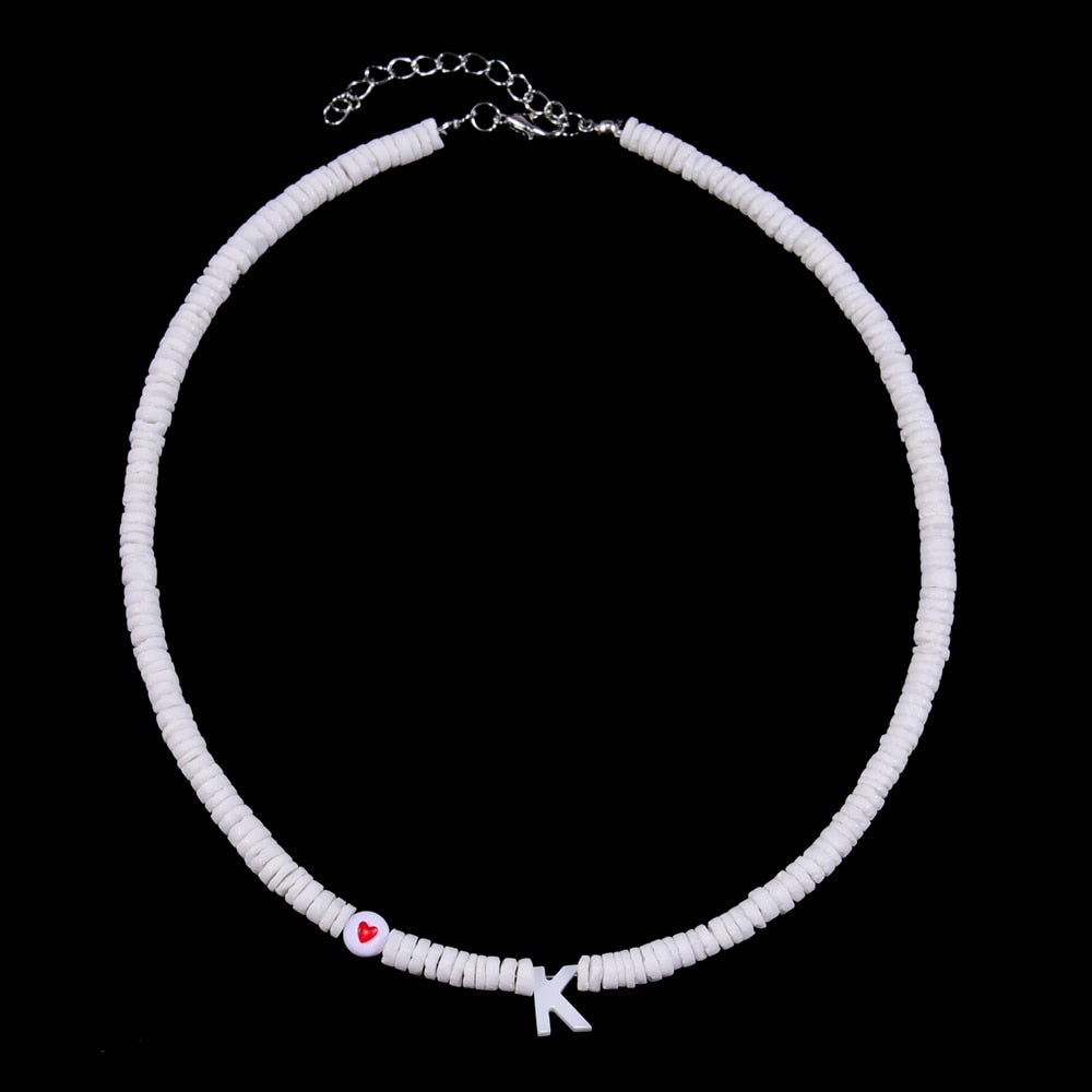 Boho Personalized Custom Necklace, Clay Bead  Choker, Letter Name with Heart