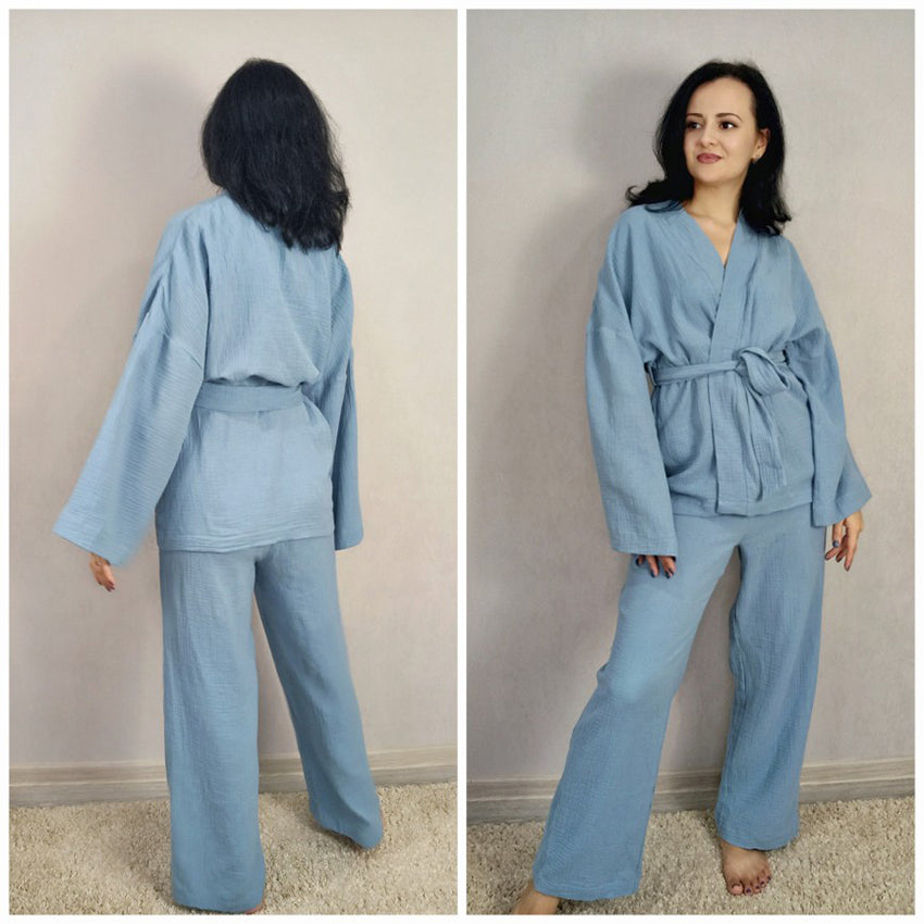 Boho Pajamas, Pajamas Sets for Women, Emily Cotton  in Green, Brown and Gray