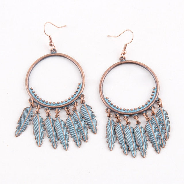 Boho Earrings, RH Dangle Earrings, Feather & Leaf