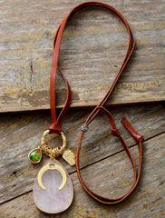 Boho Necklace, Rose Quartzs Opal Horseshoe Evil Eye Charms Leather Pendant Neckles