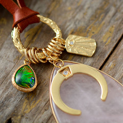 Boho Necklace, Rose Quartzs Opal Horseshoe Evil Eye Charms Leather Pendant Neckles