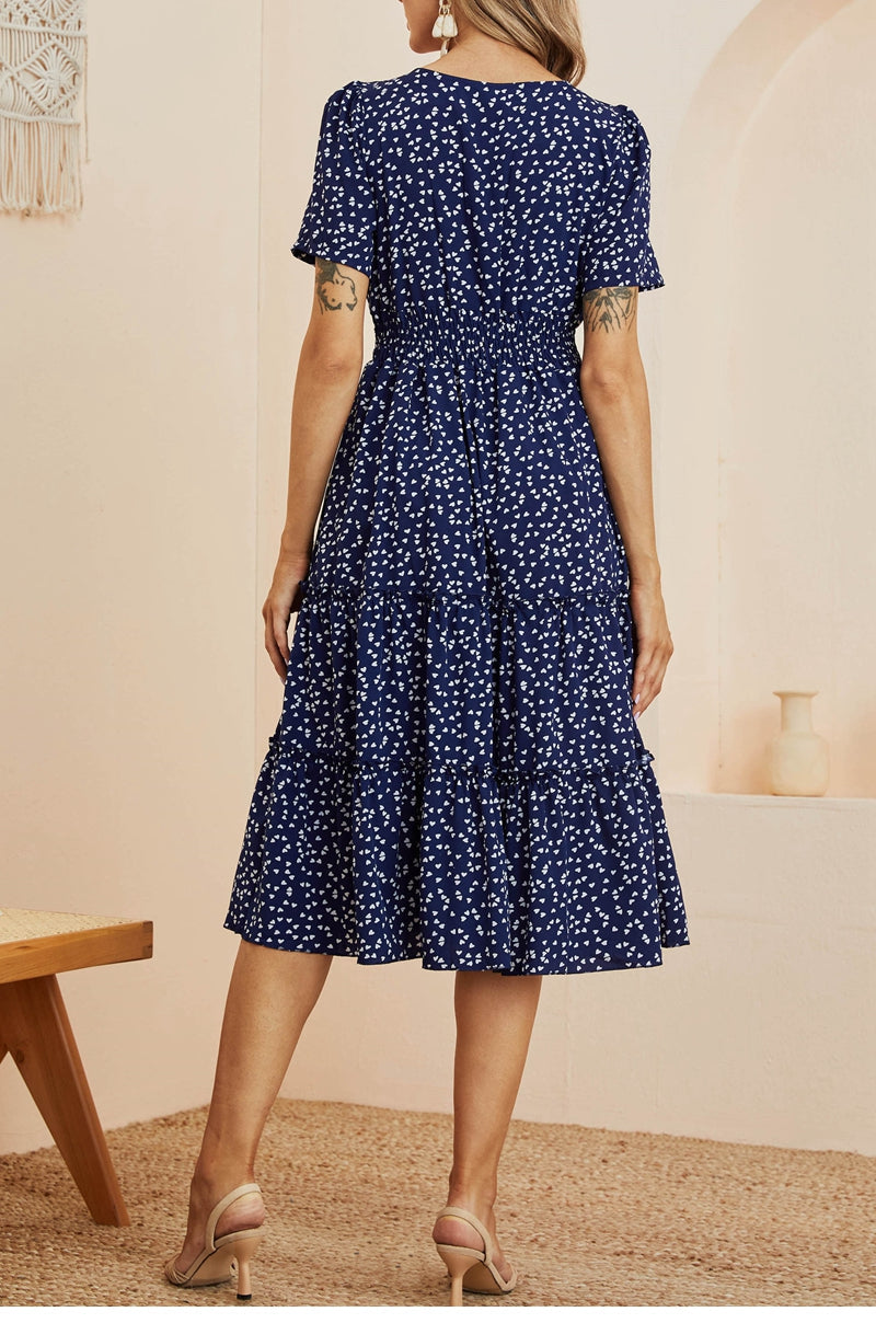 Boho Midi Dress, Mia Raffle Red Heart in Navy