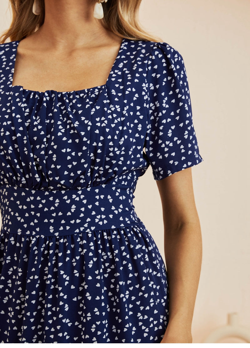 Boho Midi Dress, Mia Raffle Red Heart in Navy