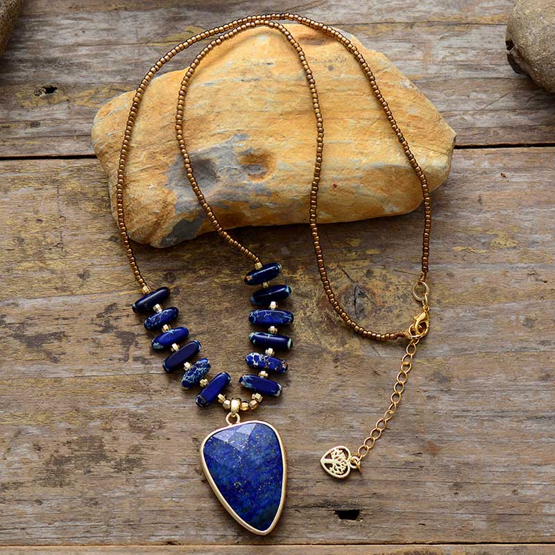 Boho Necklace, Heart Lapis Pendant Necklace