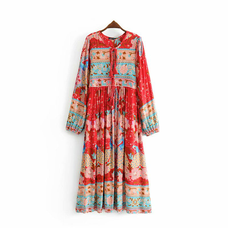 Gown Dress, Boho Maxi Dress, Loose Dress, Wild Flower Eulalie in Green and Red