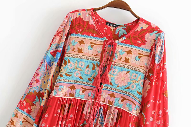Gown Dress, Boho Maxi Dress, Loose Dress, Wild Flower Eulalie in Green and Red