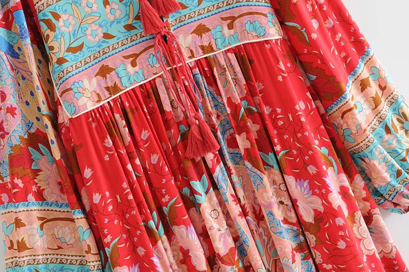 Gown Dress, Boho Maxi Dress, Loose Dress, Wild Flower Eulalie in Green and Red