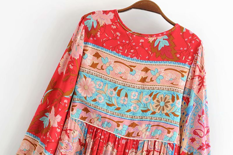 Gown Dress, Boho Maxi Dress, Loose Dress, Wild Flower Eulalie in Green and Red