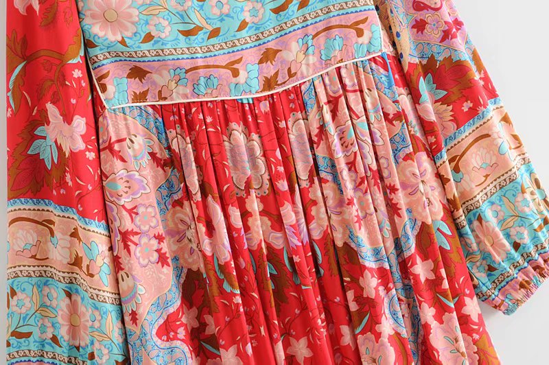 Gown Dress, Boho Maxi Dress, Loose Dress, Wild Flower Eulalie in Green and Red
