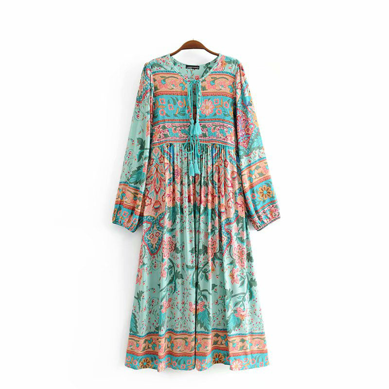 Gown Dress, Boho Maxi Dress, Loose Dress, Wild Flower Eulalie in Green and Red