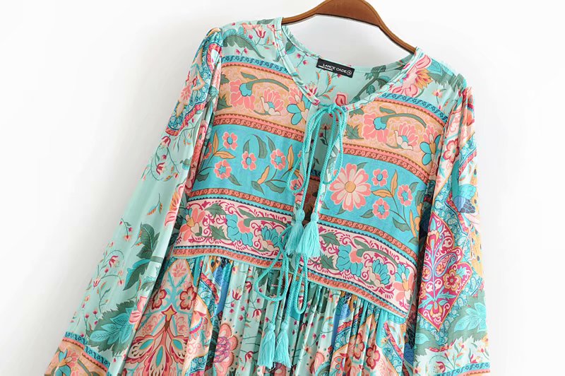 Gown Dress, Boho Maxi Dress, Loose Dress, Wild Flower Eulalie in Green and Red