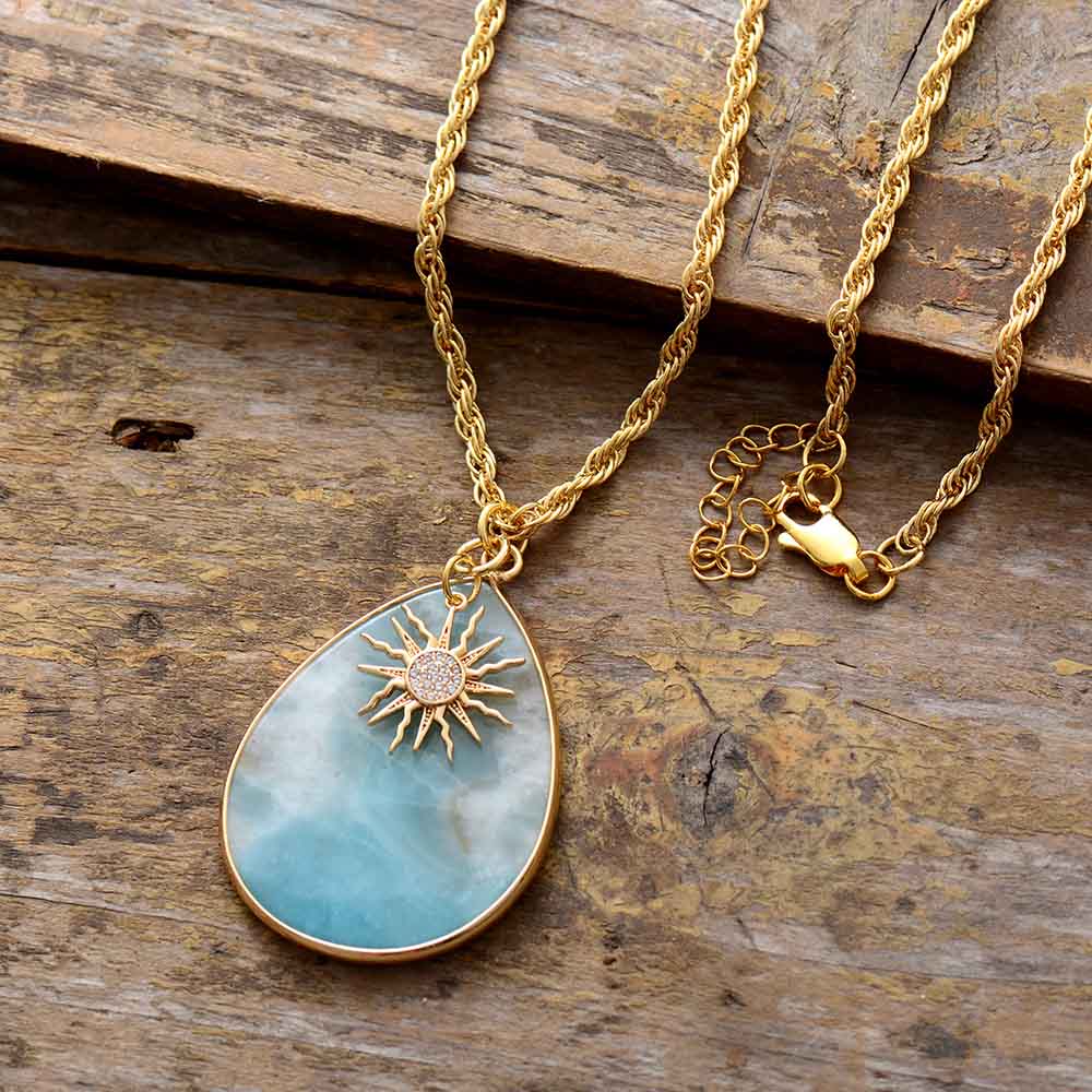 Boho Necklace, Chunky Gold Chain Amazonite Teardrop Pendant