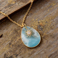 Boho Necklace, Chunky Gold Chain Amazonite Teardrop Pendant