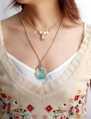 Boho Necklace, Chunky Gold Chain Amazonite Teardrop Pendant