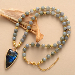 Boho Necklace, Seed Beads Gems Stone Heart Pendant Necklace