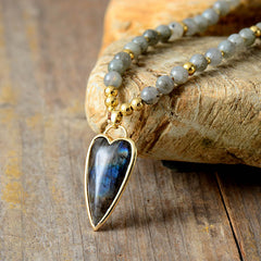 Boho Necklace, Seed Beads Gems Stone Heart Pendant Necklace