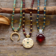 Boho Necklace, Seed Beads Gold Horn Evil Eye Heart Pendant