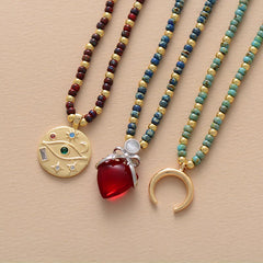 Boho Necklace, Seed Beads Gold Horn Evil Eye Heart Pendant