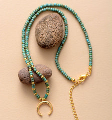 Boho Necklace, Seed Beads Gold Horn Evil Eye Heart Pendant