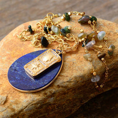 Boho Necklace, Teardrop Lapis Luzuli Gold Chain Onyx Pendant