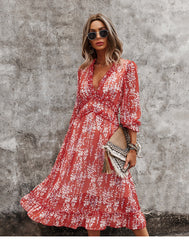 Boho Midi Dress, Ruffle Floral Lillian Red