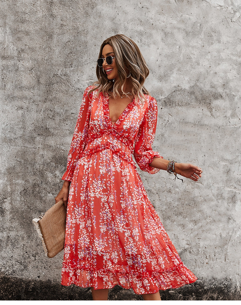 Boho Midi Dress, Ruffle Floral Lillian Red