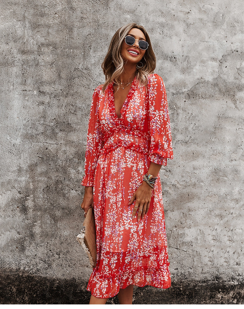 Boho Midi Dress, Ruffle Floral Lillian Red