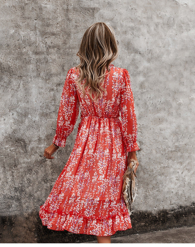 Boho Midi Dress, Ruffle Floral Lillian Red