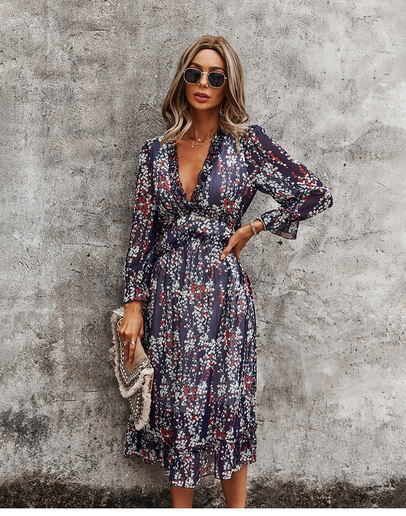 Boho Midi Dress, Ruffle Floral Lillian Navy