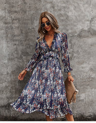 Boho Midi Dress, Ruffle Floral Lillian Navy