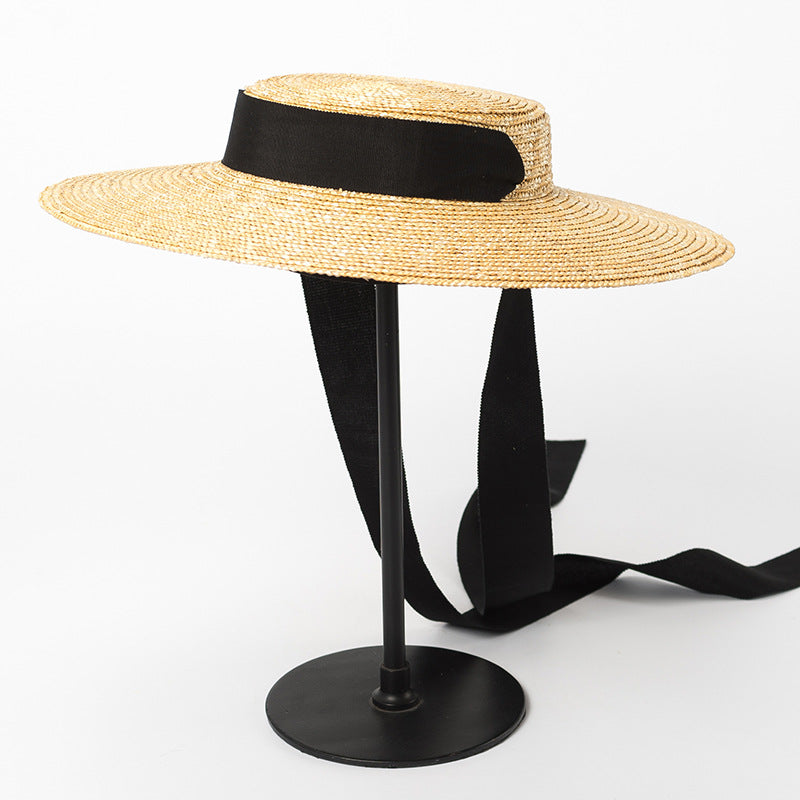 Boho Hat, Sun Beach Hat, Wide Brim Straw Hat 12 cm, Flat Top Black, White Ribbon