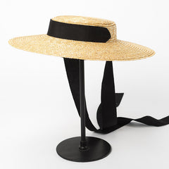 Boho Hat, Sun Beach Hat, Wide Brim Straw Hat 12 cm, Flat Top Black, White Ribbon