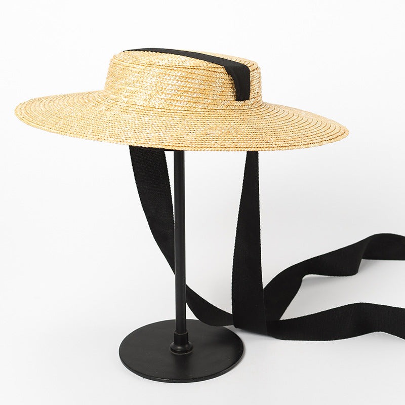 Boho Hat, Sun Beach Hat, Wide Brim Straw Hat 12 cm, Flat Top Black, White Ribbon