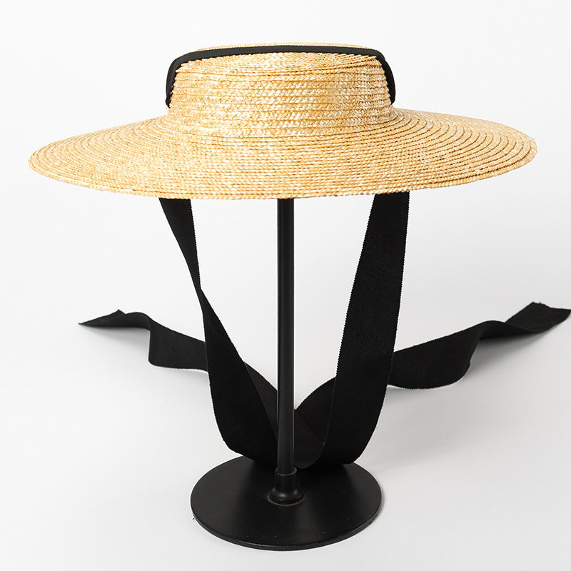 Boho Hat, Sun Beach Hat, Wide Brim Straw Hat 12 cm, Flat Top Black, White Ribbon